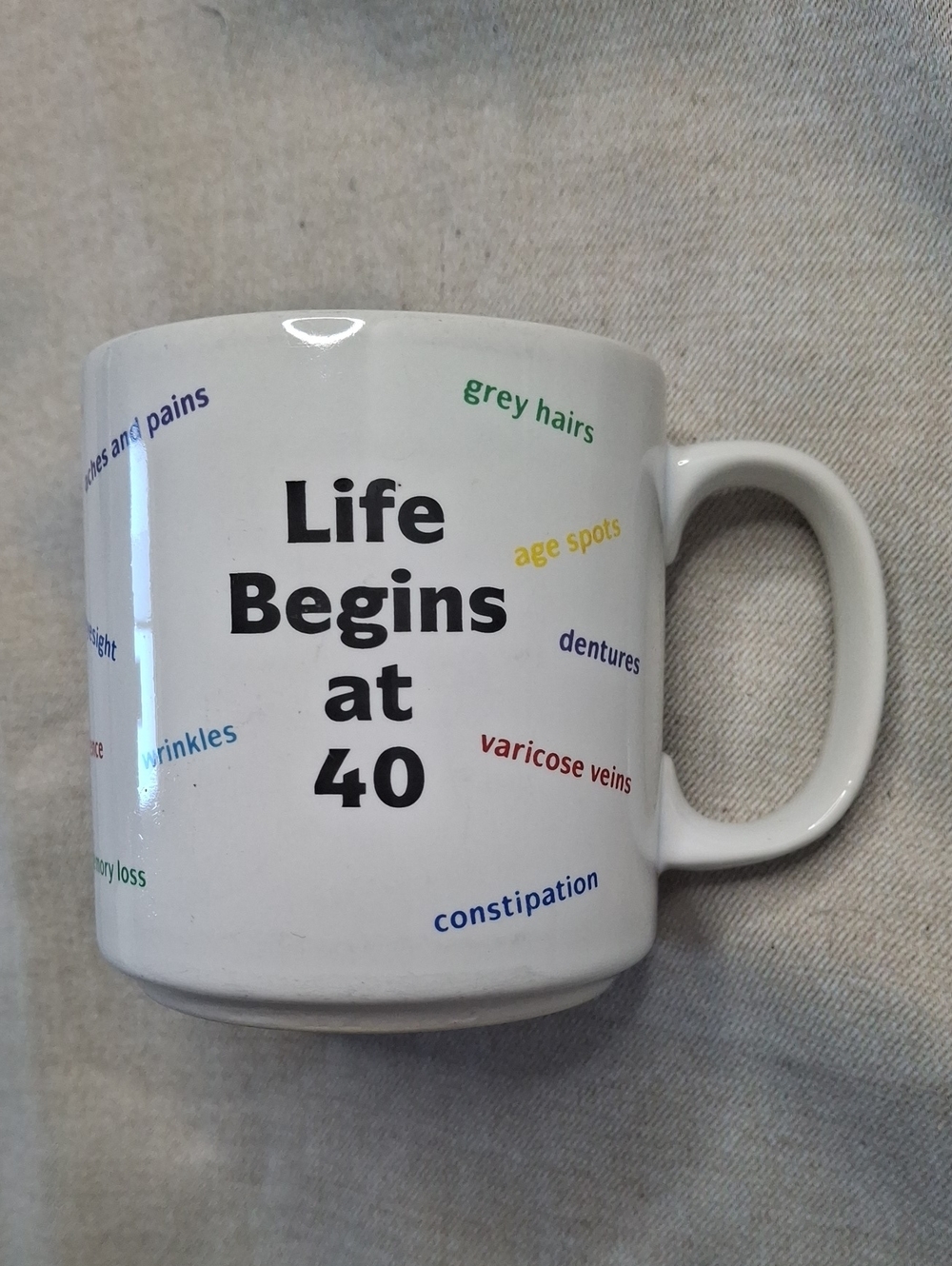 Russ White Ceramic Mug with Multicolor Text "Life Begins at 40"